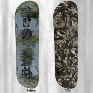 Bottom view of before and after view of skate board bottom