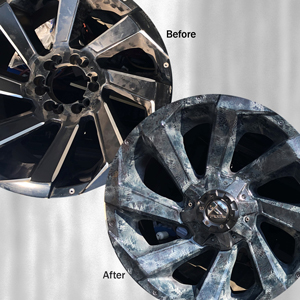 Tire wheel rim showing before and after hydro-dipping